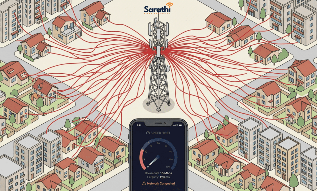 An infographic showing a single, overloaded cellular tower with tangled red lines connecting to many houses, and a phone showing slow speed test results.