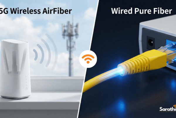 A split-screen image comparing a 5G wireless AirFiber device on a windowsill with a wired pure fiber optic cable plugged into a router.