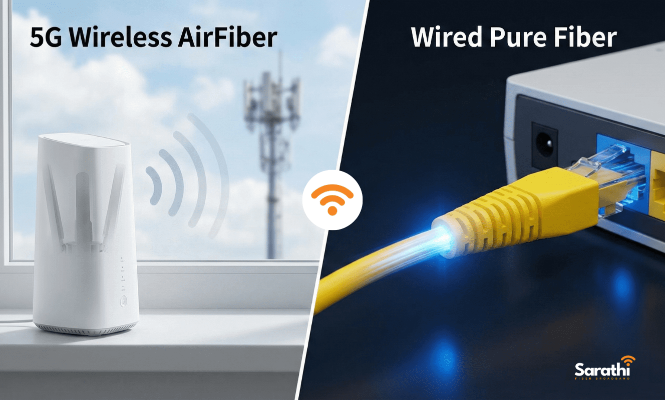 A split-screen image comparing a 5G wireless AirFiber device on a windowsill with a wired pure fiber optic cable plugged into a router.
