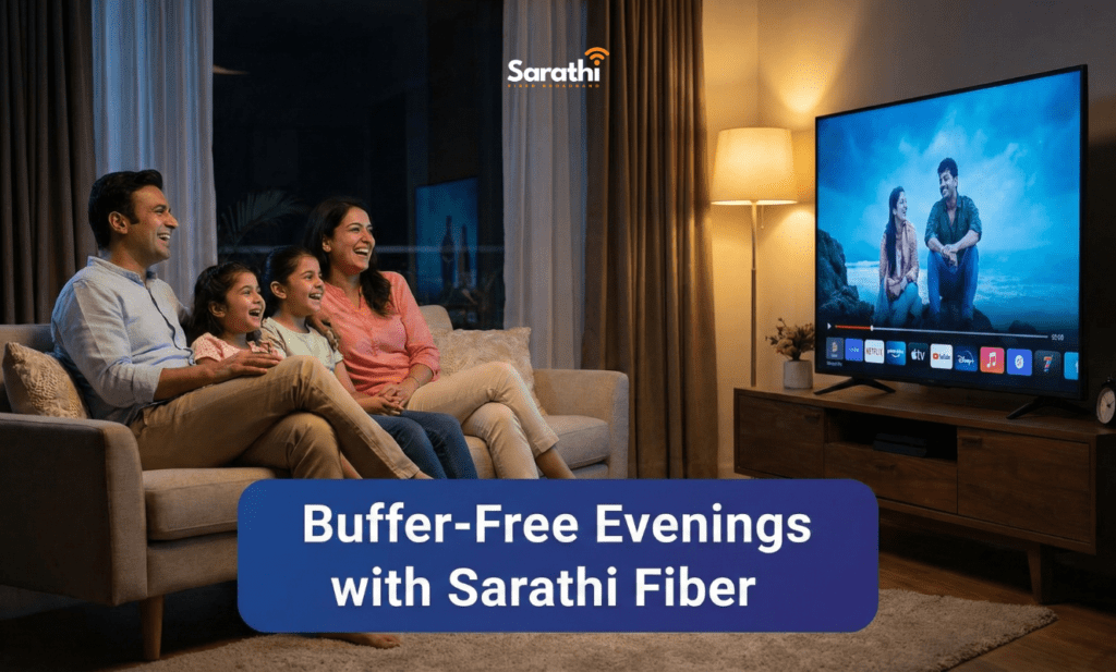 A happy family enjoying a high-definition movie on a large TV at night without any buffering, thanks to Sarathi Fiber.