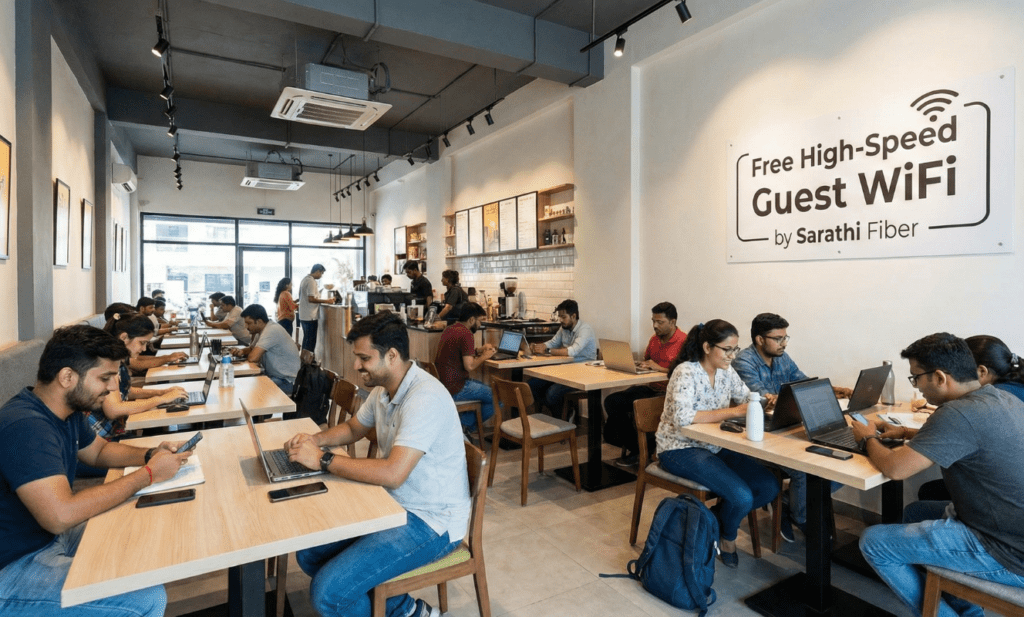 A bustling, modern cafe with many customers working on laptops, with a prominent sign on the wall that reads "Free High-Speed Guest WiFi by Sarathi Fiber".