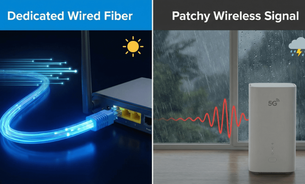 A split-screen image comparing a stable, glowing wired fiber connection on the left with a patchy wireless 5G signal struggling in bad weather on the right.