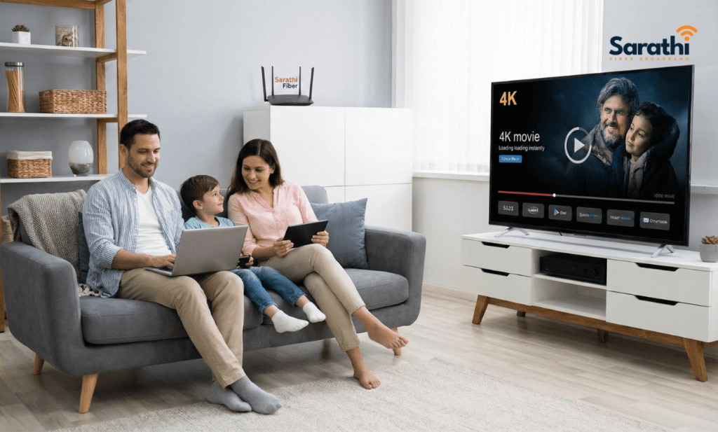 A happy family relaxing in their new living room, streaming a 4K movie and using multiple devices without any lag.