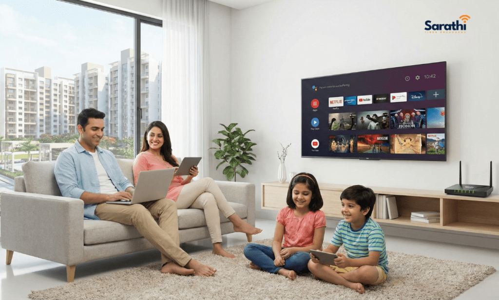 A happy family of four in a modern apartment living room, enjoying seamless internet on multiple devices with a Sarathi Fiber router visible.