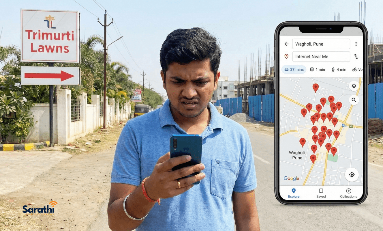 A confused man in Wagholi near Trimurti Lawns looking at a smartphone screen showing a cluttered map search for "Internet Near Me".