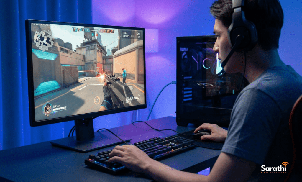 A gamer with a headset playing a fast-paced online game on a PC with a wired Ethernet connection, showing low ping.