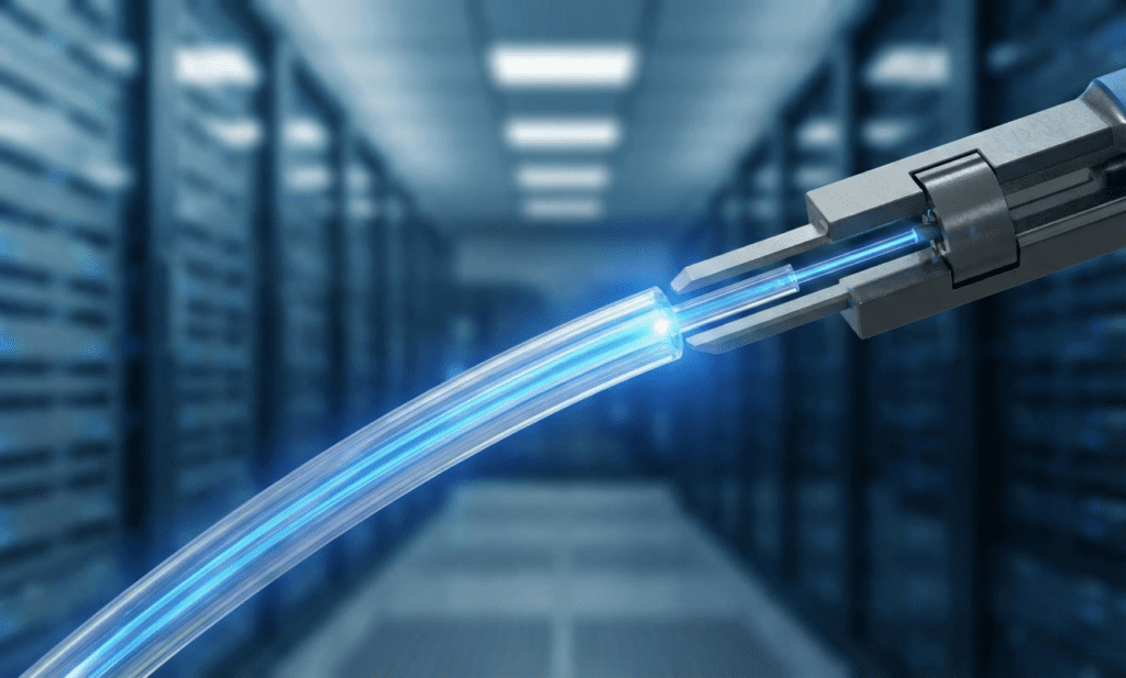 A close-up of a fiber optic cable being connected, illustrating the pure fiber technology used by Sarathi Fiber.