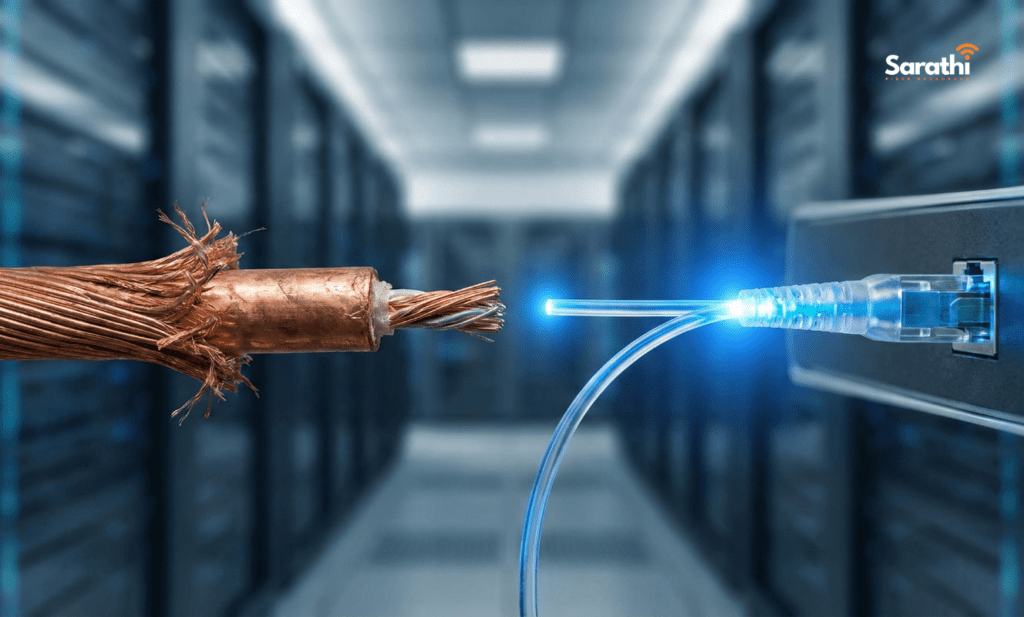 A side-by-side comparison of an old, frayed copper cable and a modern, glowing fiber optic cable, illustrating superior technology.