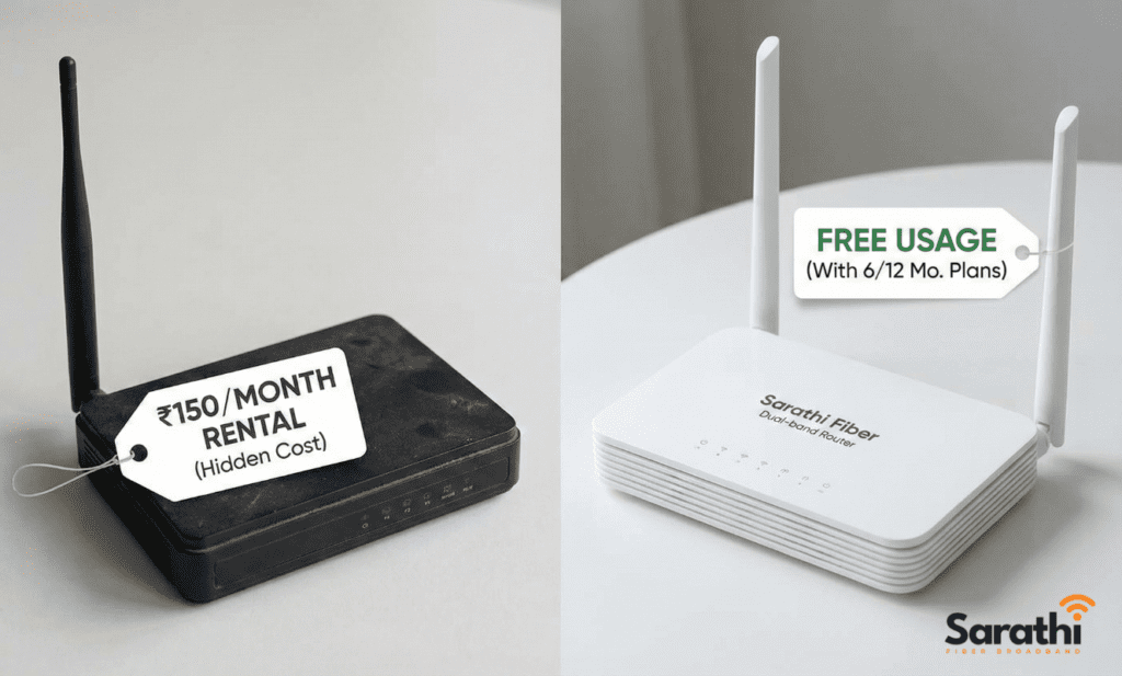 A side-by-side comparison of an old, cheap router with a "₹150/MONTH RENTAL" tag and a new, Sarathi Fiber dual-band router with a "FREE USAGE" tag.