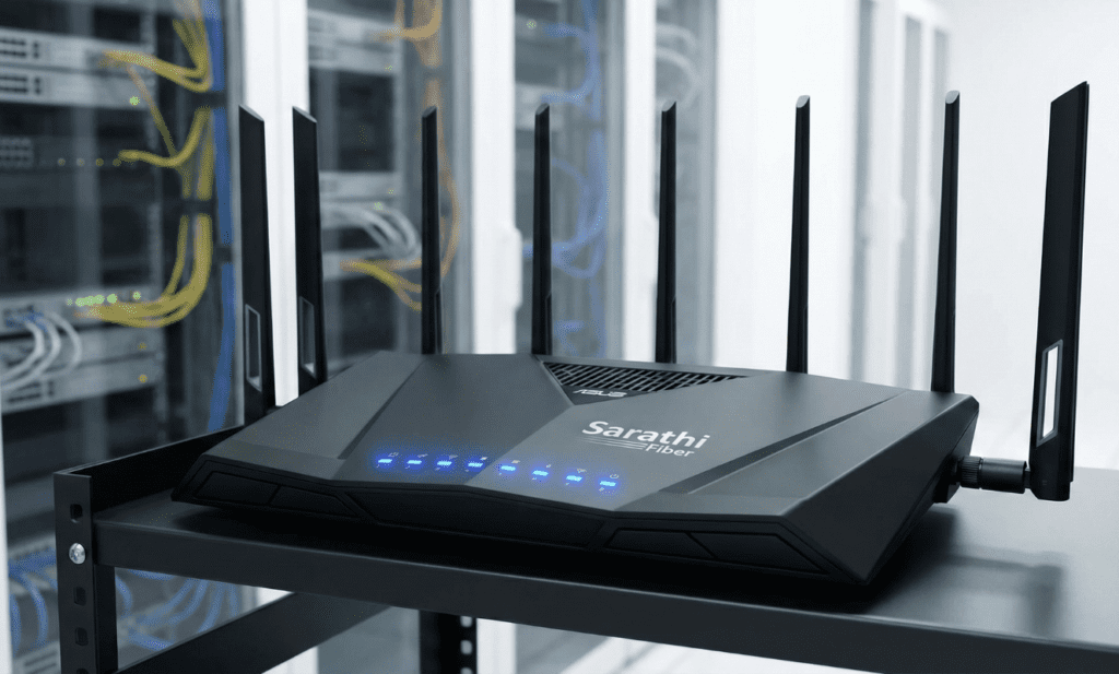 A close-up of a professional, multi-antenna dual-band router with the Sarathi Fiber logo, in a clean server room.