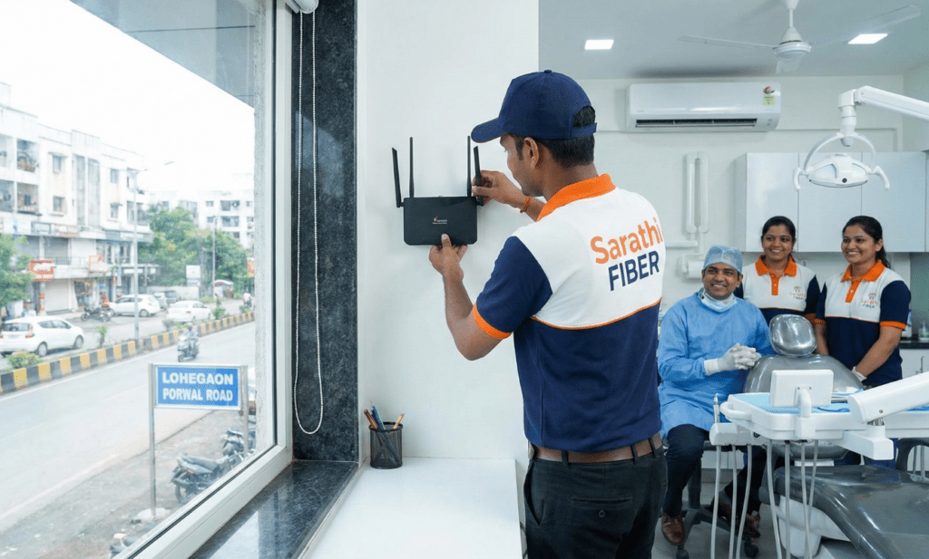 A Sarathi Fiber technician installing a router in a dental clinic, with a view of Lohegaon-Porwal Road outside the window.