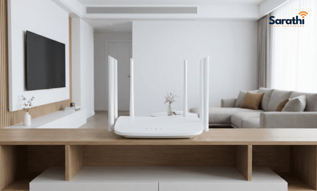 A modern white dual-band WiFi router with multiple antennas placed centrally in a new, modern living room.