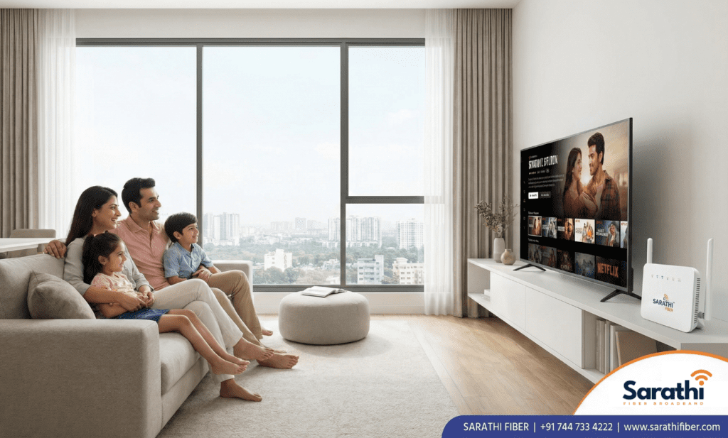 A happy family of four watching a movie on a large TV in a modern living room in Wagholi, with a Sarathi Fiber router visible.