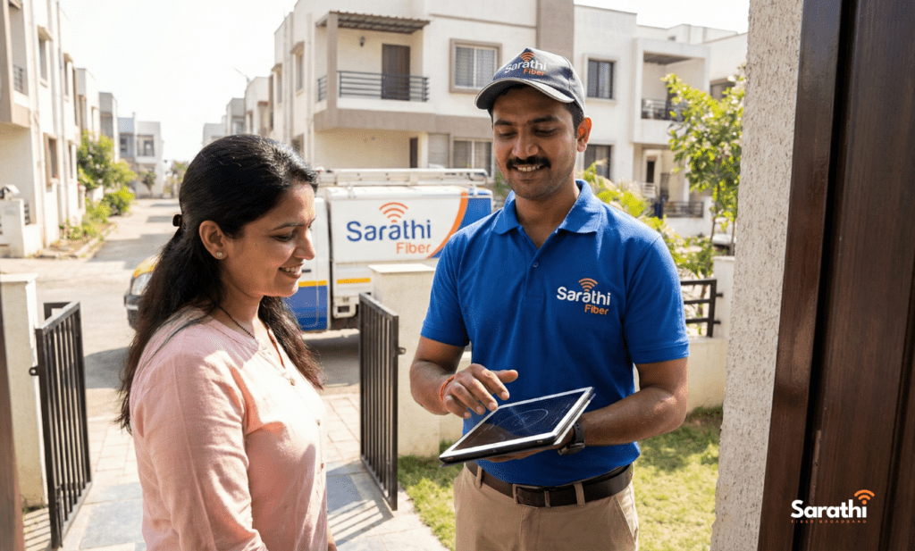 A Sarathi Fiber technician in a branded uniform showing a customer a tablet at their doorstep in a residential area like Wagholi.