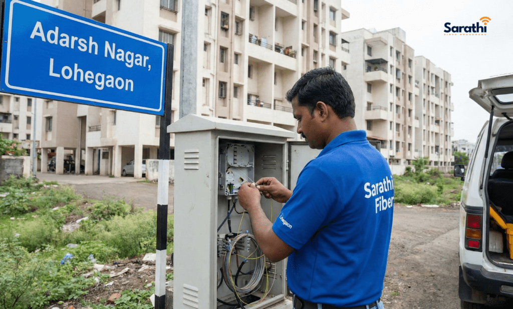 A Sarathi Fiber technician in a blue uniform working on a fiber optic junction box next to a street sign for "Adarsh Nagar, Lohegaon".