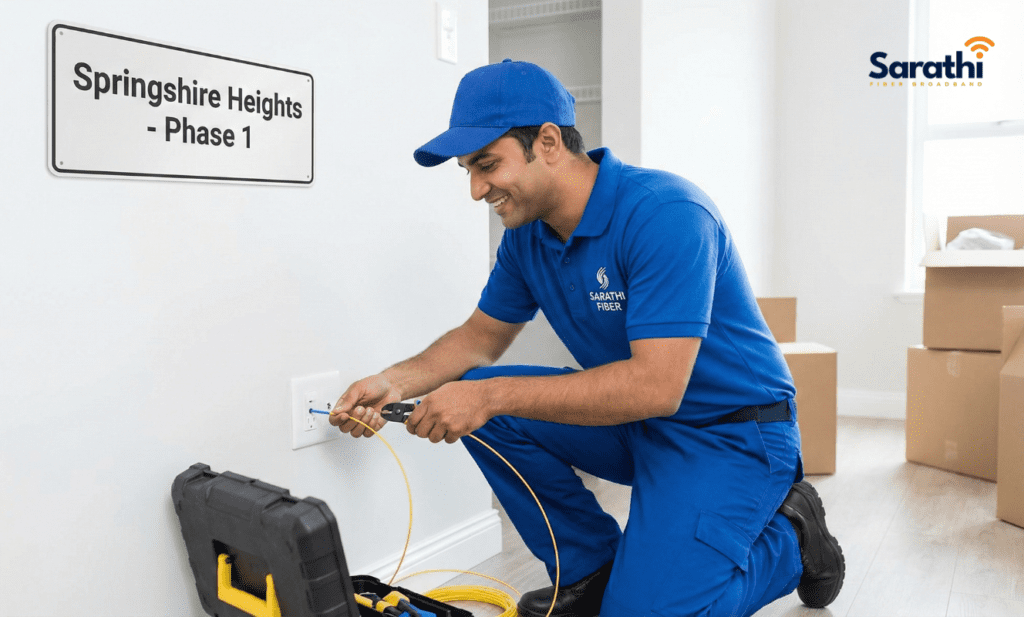 A friendly Sarathi Fiber technician installing a connection in a new apartment building named "Springshire Heights - Phase 1".