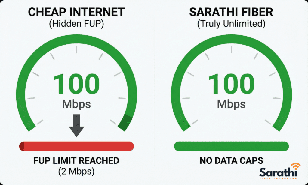 A split-screen infographic comparing "CHEAP INTERNET (Hidden FUP)" with speed dropping to 2 Mbps, and "SARATHI FIBER (Truly Unlimited)" with consistent 100 Mbps.