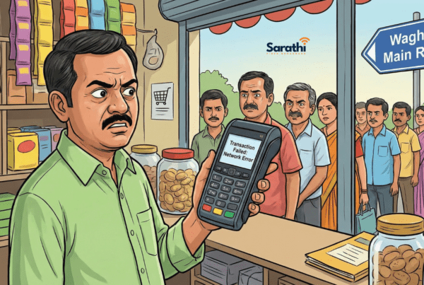 A frustrated shop owner in Wagholi looking at a card swipe machine showing a "Transaction Failed" network error, with a queue of customers waiting.