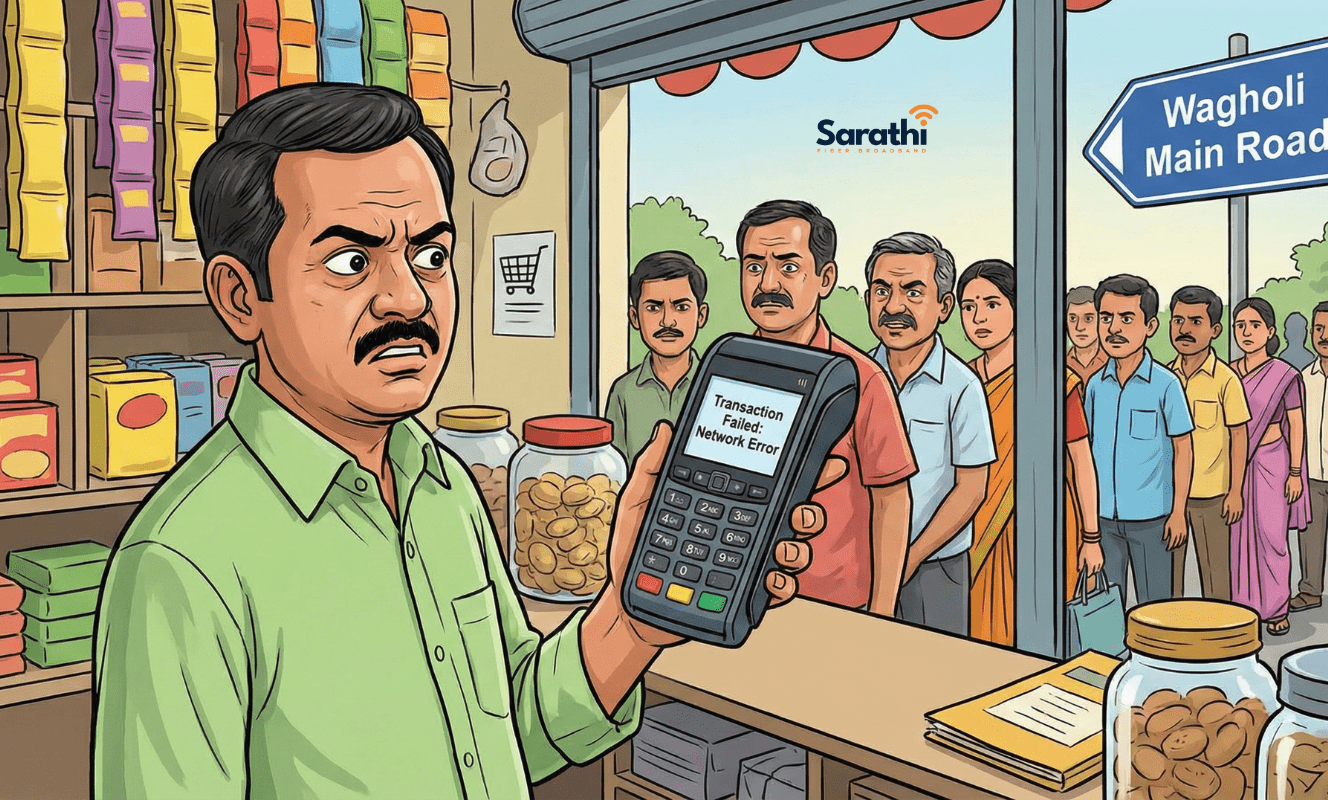 A frustrated shop owner in Wagholi looking at a card swipe machine showing a "Transaction Failed" network error, with a queue of customers waiting.