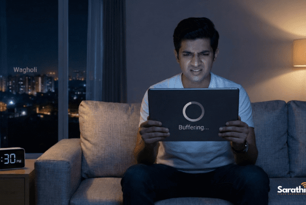 A frustrated man in Wagholi looking at a buffering tablet screen at 8:30 PM, illustrating slow nighttime internet.