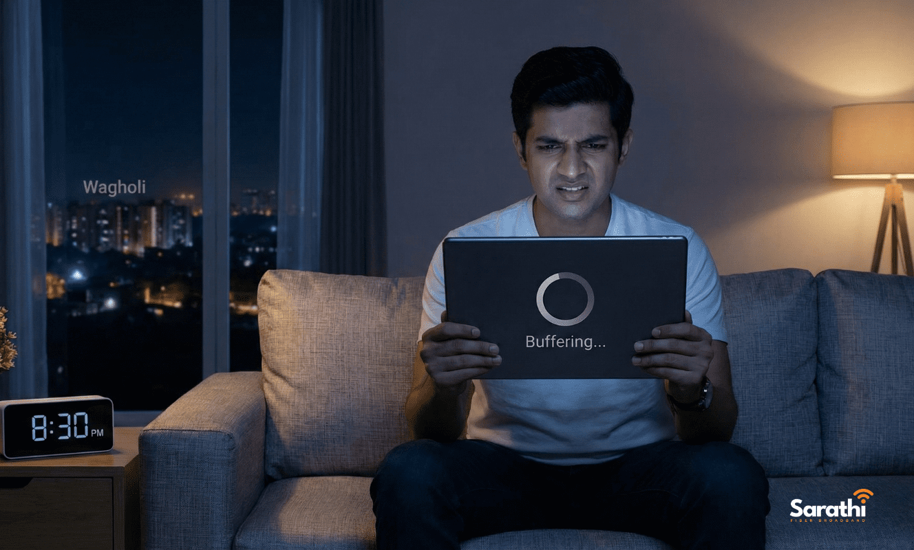 A frustrated man in Wagholi looking at a buffering tablet screen at 8:30 PM, illustrating slow nighttime internet.