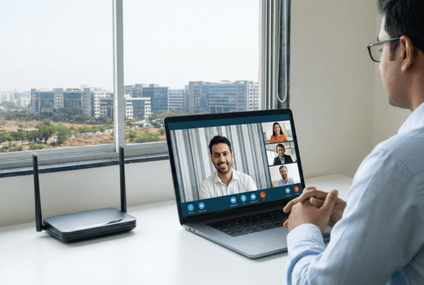 A professional in Wagholi on a high-quality video call, working from home with a dual-band router from Sarathi Fiber.