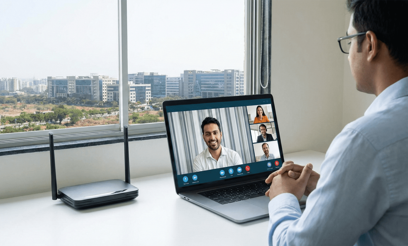 A professional in Wagholi on a high-quality video call, working from home with a dual-band router from Sarathi Fiber.