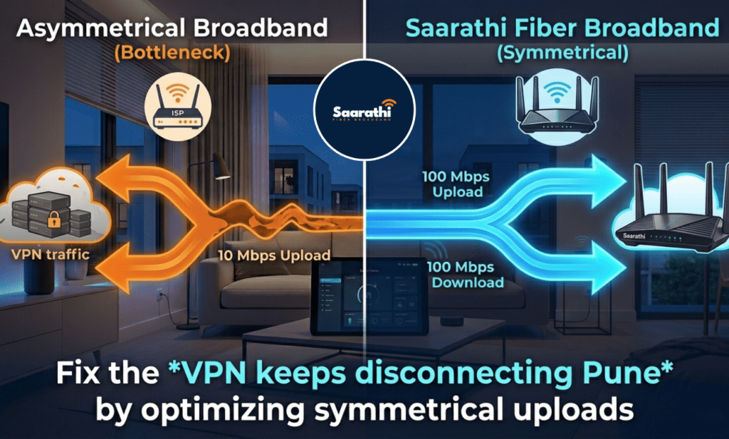 A technical infographic split illustration, split vertically. On the left (failure), titled 'Asymmetrical Broadband (Bottleneck)', a stylized orange, clogged pipe from image_101.png is struggling to move large, heavy encrypted data blocks labeled 'VPN traffic' into a congested cloud icon, contrasting a wide '100 Mbps Download' pipe. On the right (success), titled 'Saarathi Fiber Broadband (Symmetrical)', a clean blue pipe shows a symmetrical '100 Mbps Upload' path and a '100 Mbps Download' path flowing freely into a clear cloud icon. The right side features a subtle 'Saarathi' logo decal on a modern black dual-band router from image_103.png. Large technical text across the bottom states 'Fix the VPN keeps disconnecting Pune by optimizing symmetrical uploads'.