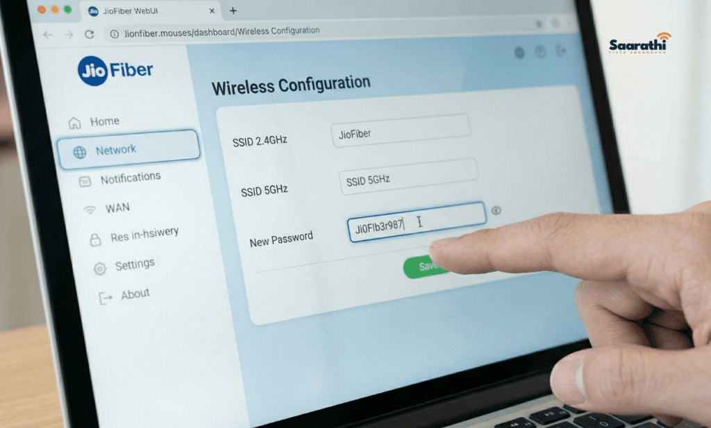 Entering a new JioFiber WiFi password in the Wireless Configuration menu and clicking the save button.