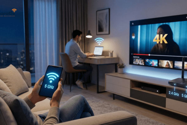 A happy Indian user in a modern Wagholi apartment streams 4K video while another person works from home on a laptop. A high-performance dual-band router with "2.4 GHz" and "5 GHz" indicators sits prominently on a media console.