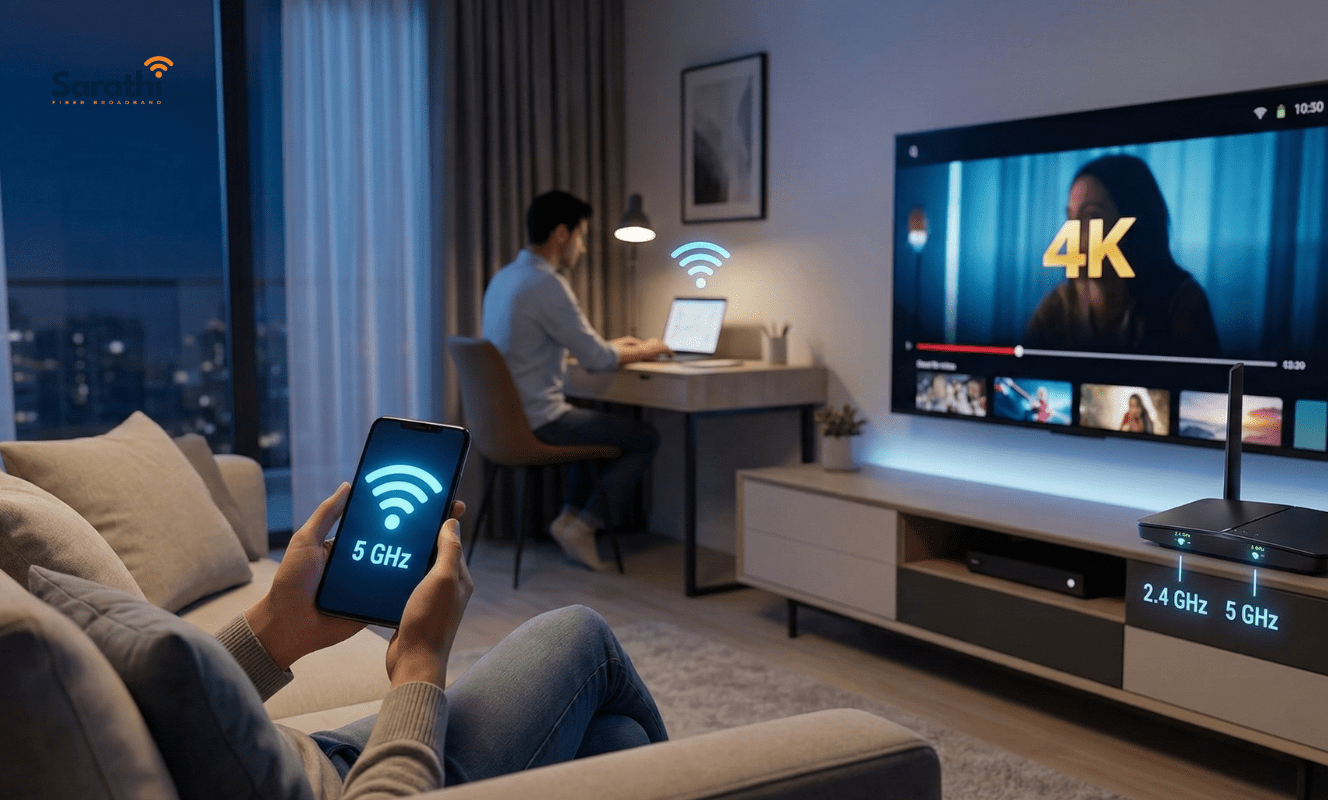 A happy Indian user in a modern Wagholi apartment streams 4K video while another person works from home on a laptop. A high-performance dual-band router with "2.4 GHz" and "5 GHz" indicators sits prominently on a media console.