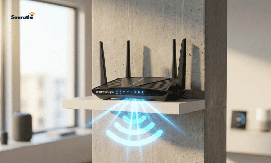A premium product photograph focusing on the modern black dual-band router from previous images, situated high on a minimalist white shelf, mounted centrally on a textured concrete structural pillar. Bright, symmetrical blue signal pulses emanate downwards, visually showing confidence-inviting how to boost WiFi signal locally.