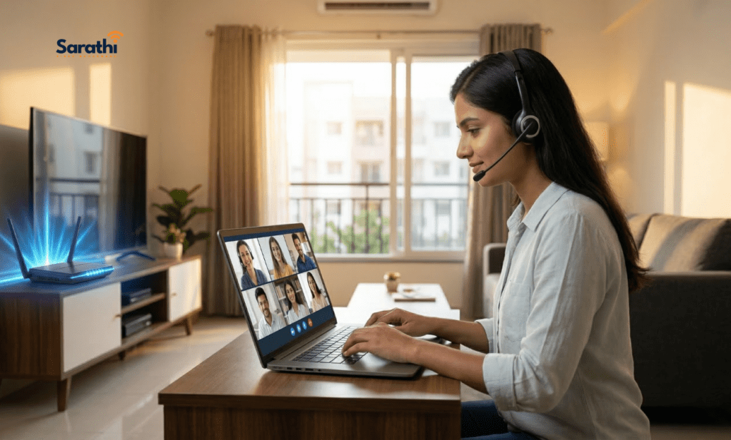 A friendly female IT professional wearing a headset, smiling and working efficiently from home in a well-lit Adarsh Nagar apartment, visually contrasting the buffering shown, implying excellent internet near me in Adarsh Nagar.