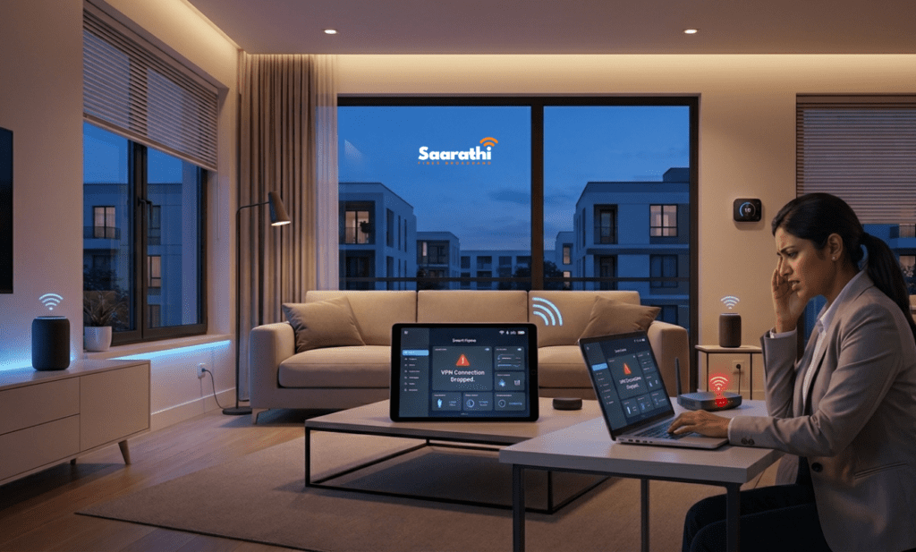 A frustrated Indian IT professional in professional attire, sitting at a minimalist desk in a modern Wagholi apartment complex near Porwal Road. Her laptop screen shows a 'VPN Connection Dropped' error message. A blinking unbranded wireless hotspot next to it indicates poor signal quality. The soft dusk light through large windows emphasizes the personal cost when a VPN keeps disconnecting Pune.