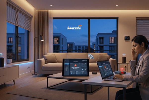 A frustrated Indian IT professional in professional attire, sitting at a minimalist desk in a modern Wagholi apartment complex near Porwal Road. Her laptop screen shows a 'VPN Connection Dropped' error message. A blinking unbranded wireless hotspot next to it indicates poor signal quality. The soft dusk light through large windows emphasizes the personal cost when a VPN keeps disconnecting Pune.