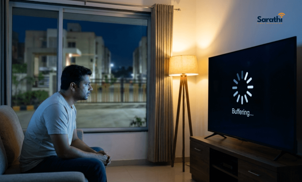 A frustrated man in a Wagholi apartment staring at a buffering TV screen, showing exactly why it is time to switch your broadband in Wagholi.