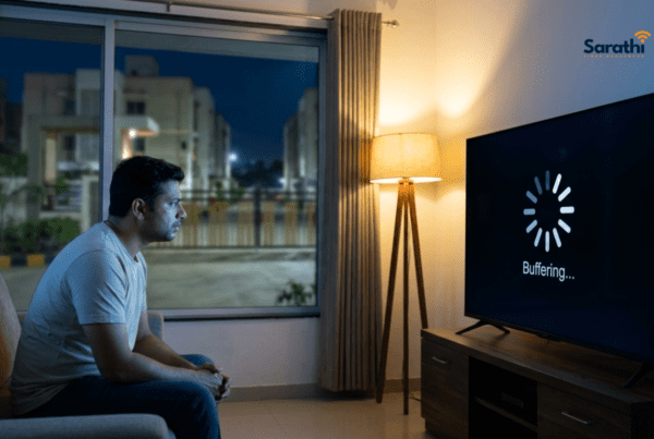 A frustrated man in a Wagholi apartment staring at a buffering TV screen, showing exactly why it is time to switch your broadband in Wagholi.