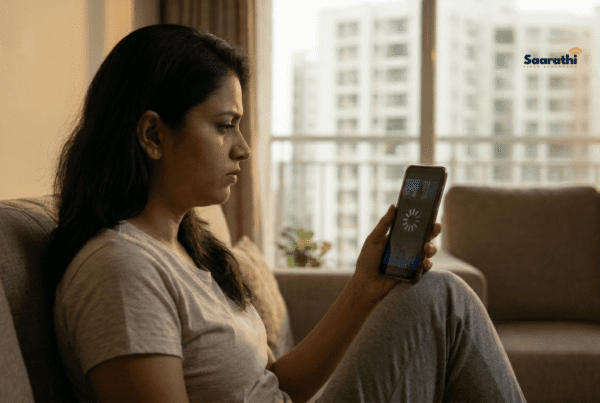 An Indian woman in comfortable WFH attire looking annoyed at a smartphone displaying a buffering icon, experiencing network issues before she decided to change WiFi password from mobile in a modern Wagholi apartment.