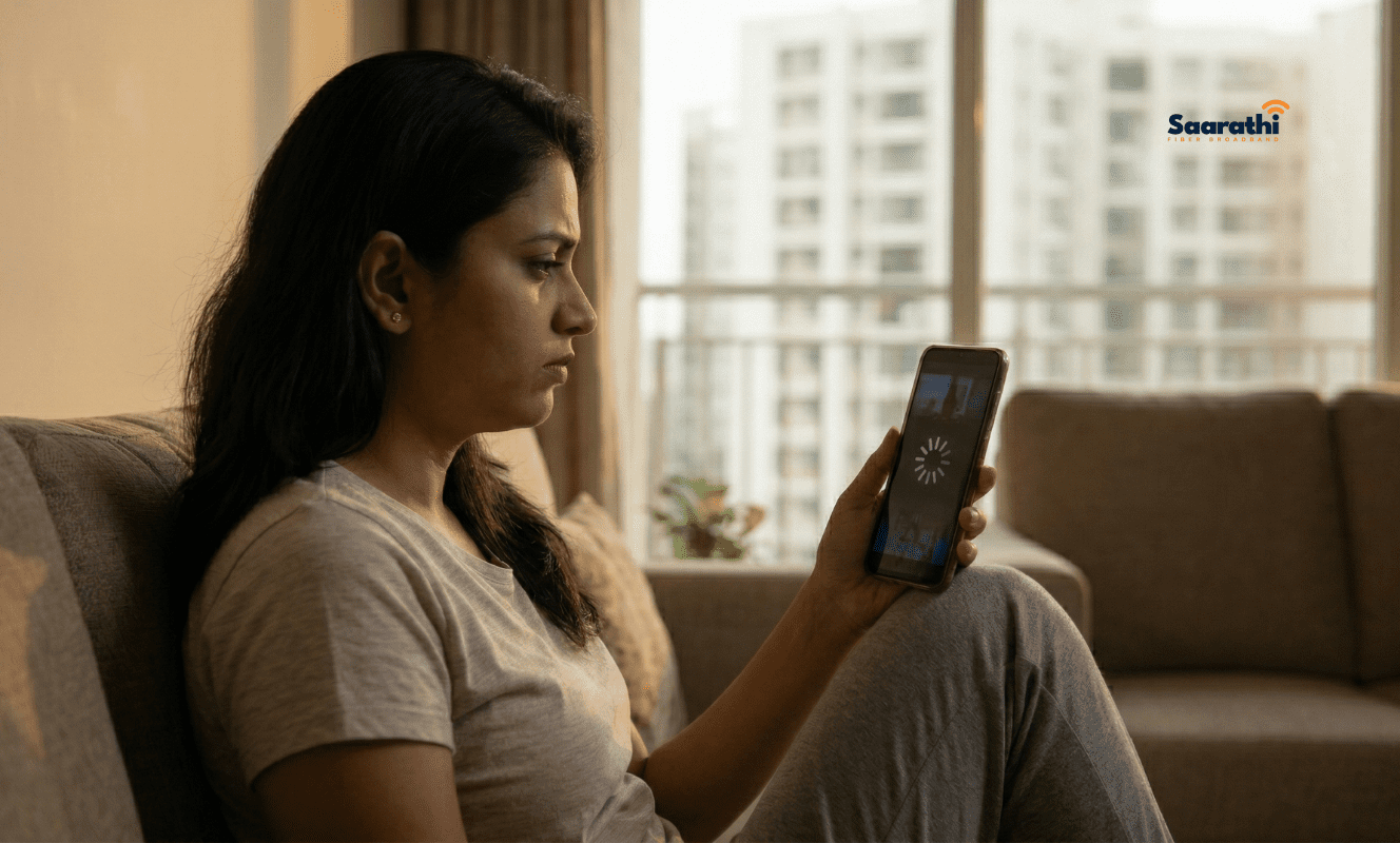 An Indian woman in comfortable WFH attire looking annoyed at a smartphone displaying a buffering icon, experiencing network issues before she decided to change WiFi password from mobile in a modern Wagholi apartment.