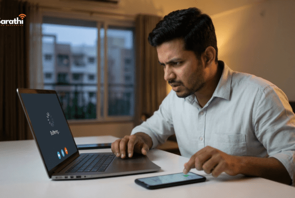 A frustrated Indian man staring at a buffering video call on his laptop in his Adarsh Nagar apartment, visually triggering a search for reliable internet near me in Adarsh Nagar.
