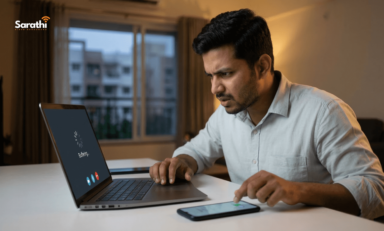 A frustrated Indian man staring at a buffering video call on his laptop in his Adarsh Nagar apartment, visually triggering a search for reliable internet near me in Adarsh Nagar.