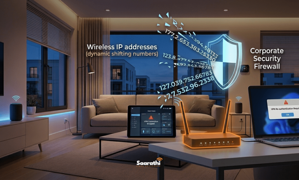 A technical close-up photograph of a generic unbranded blinking 5G wireless broadband box on a minimalist desk in a Wagholi apartment during dusk, consistent with image_130.png. Antennas are fully extended. Visible orange data arrows from image_101.png flow erratically towards a stylized 'Corporate Security Firewall' shield. A laptop shows a 'VPN Re-authentication Required' pop-up. The scene visually clarifies the 5G CGNAT IP shifting conflict mentioned in the text. The tense, chaotic visual aesthetic contrasts with the successful fiber connection