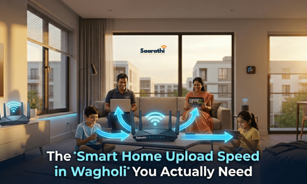 The happy multi-generational Indian family from image_104.png is in the spacious, modern Wagholi apartment, consistent with image_100.png architecture. They are concurrently using multiple devices without conflict. Father from image_104.png is on a laptop leading a 4K video conference without lag. Mother is simultaneously streaming 4K video. The teenager is online gaming. A modern black dual-band router (consistent with image_103.png) sitting prominently is labeled 'Saarathi' and has smooth, glowing blue data arrows from image_101.png flow equally into and out of multiple devices, visualizing a successful symmetrical fiber connection. The relaxed, harmonious connected atmosphere contrasts with the initial frustration