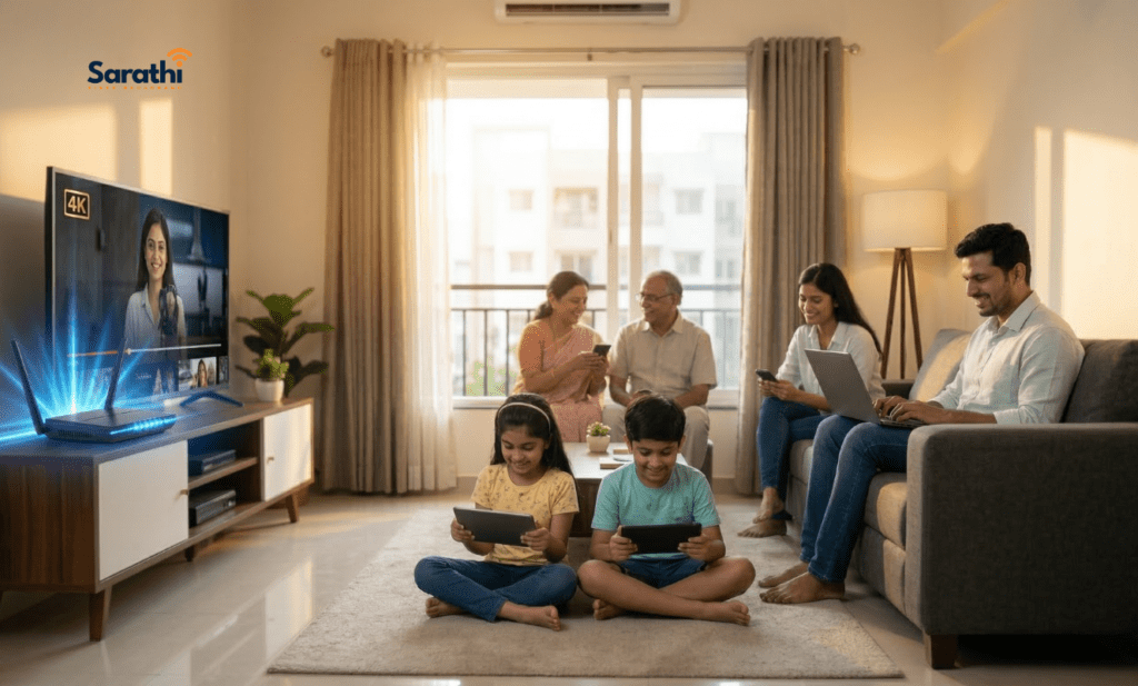 A joyful Indian family of four relaxing in their spacious, modern 3BHK Wagholi apartment on Kesnand Road, Adarsh Nagar. They are all using devices concurrently buffer-free, contrasting the frustration of image_90.png and image_91.png, implying excellent internet near me in Adarsh Nagar.
