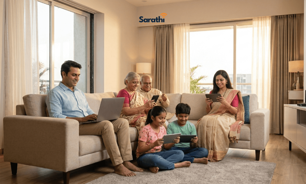 A happy Indian family of four relaxing in their modern 3BHK Wagholi apartment on Kesnand Road. The father works from home, the mother streams 4K video, and the kids are gaming on tablets. A sleek Sarathi Fiber router is subtly visible.