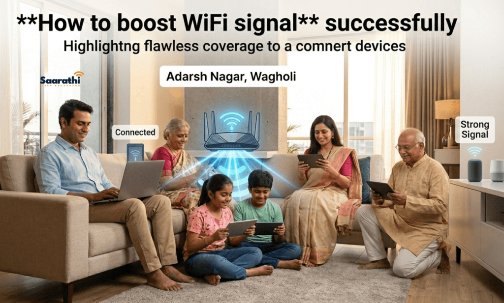 A joyful Indian multi-generational family relaxes in their modern 3BHK Wagholi apartment on Kesnand Road. Smooth blue signal pulses, identical to the technology visualizations from previous images, emanate from a centrally positioned dual-band router situating high on a minimalist console. Subtle white decals on smart devices say 'Connected' and 'Strong Signal'. Large text across the top states 'How to boost WiFi signal successfully'. Soft focus in the background shows indistinct smart devices consistent with previous images. The overall visual aesthetic is connected, Joyful, and confidence-inspiring, highlighting successful implementation of the blog's advice.
