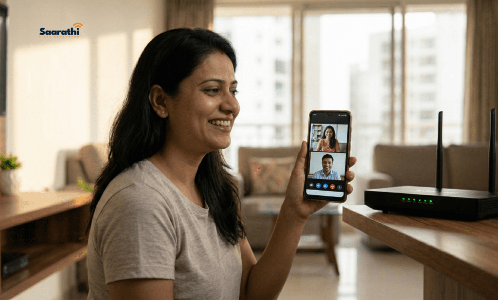 A happy Indian woman in casual, happy attire in a modern Wagholi apartment, smiling while effortlessly watching a high-definition, buffer-free 4K video stream on a smartphone after she secured her home network and used this guide to change WiFi password from mobile.