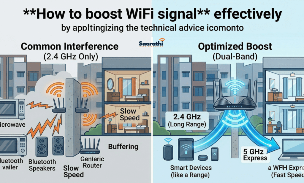 A modernized stylized technical infographic illustration contrasting 'Common Interference (2.4 GHz Only)' with a complex cluster of household items versus 'Optimized Boost (Dual-Band)' featuring a sleek dual-band router icon (similar design to previous hardware). Smooth, glowing blue pulses branch into two lanes: '2.4 GHz (Long Range)' and '5 GHz Express (Fast Speed)'. Large text across the top states 'How to boost WiFi signal effectively' by applying the technical advice.