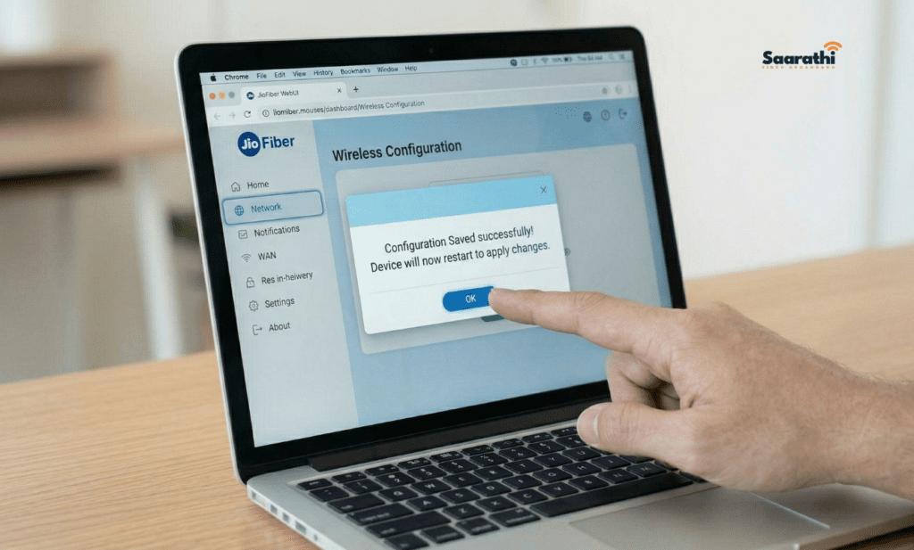 JioFiber configuration saved successfully confirmation popup asking to restart the device.
