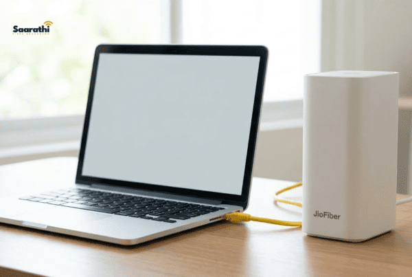 Laptop connected to a white JioFiber router using a yellow ethernet cable for local admin configuration.